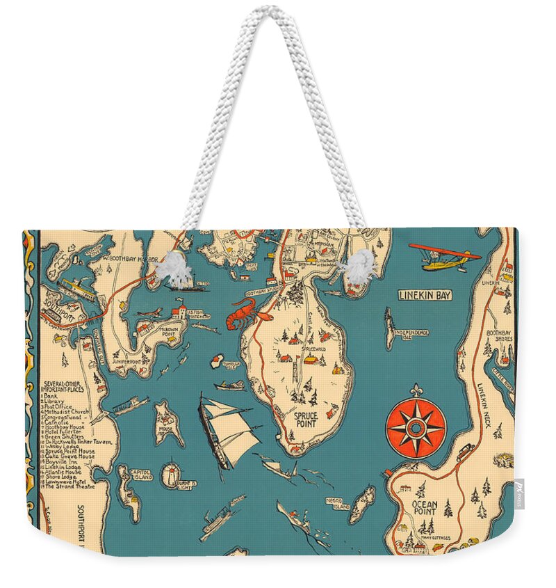 Boothbay Harbor Weekender Tote Bag featuring the mixed media Boothbay Harbor and Vicinity - Vintage Illustrated Map - Pictorial - Cartography by Studio Grafiikka