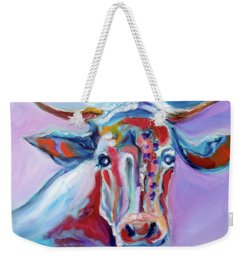 Cow Weekender Tote Bag featuring the painting Blue Elsie by Jenny Lee