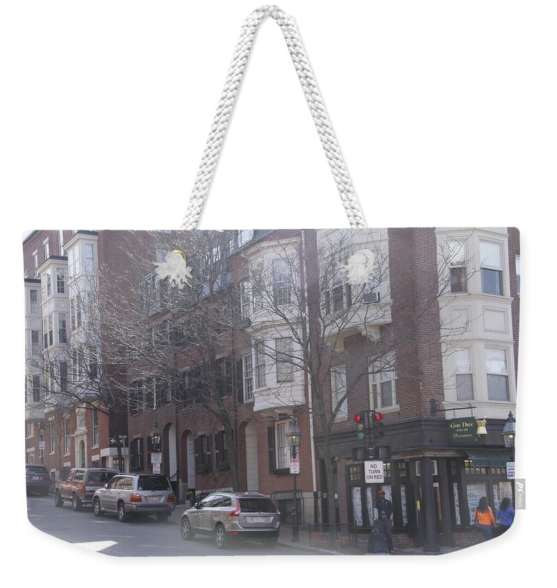 Cedar Lane Weekender Tote Bag featuring the photograph Cedar LN and Charles St Boston by Valerie Collins