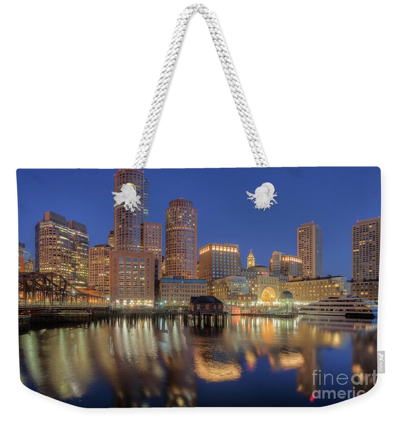 Clarence Holmes Weekender Tote Bag featuring the photograph Boston Harbor and Skyline Morning Twilight V by Clarence Holmes