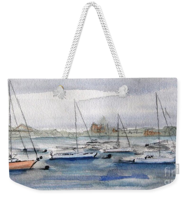Boats Weekender Tote Bag featuring the painting Boston Harbor by Julie Lueders 