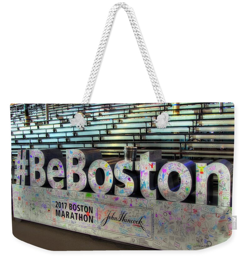 Boston Marathon Weekender Tote Bag featuring the photograph Boston Marathon Sign by Joann Vitali