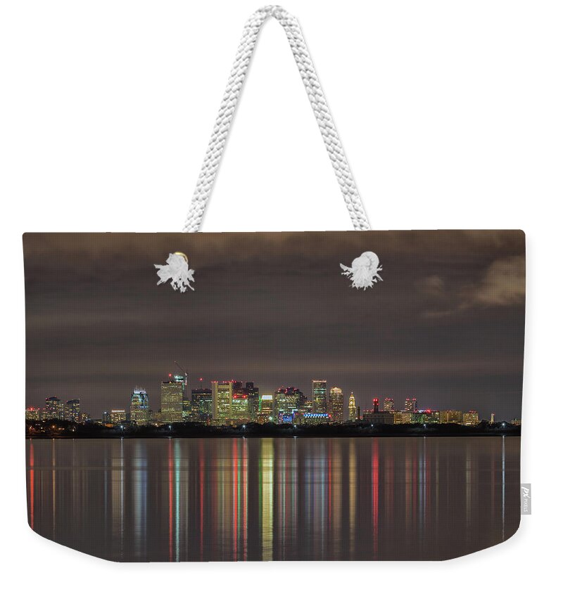 Boston Night Light Reflections Weekender Tote Bag featuring the photograph Boston Night Light Reflections by Brian MacLean