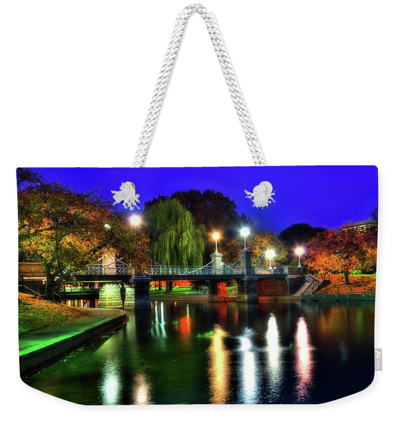 Boston Weekender Tote Bag featuring the photograph Boston Public Garden in Autumn at Night by Joann Vitali