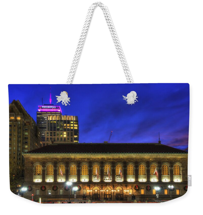Boston Weekender Tote Bag featuring the photograph Boston Public Library at Night - Copley Square by Joann Vitali