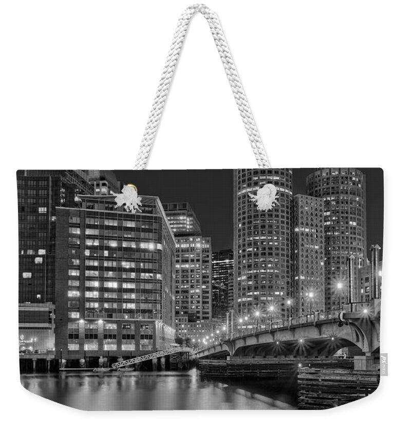 Boston Weekender Tote Bag featuring the photograph Boston Skyline Blue Hour BW by Susan Candelario