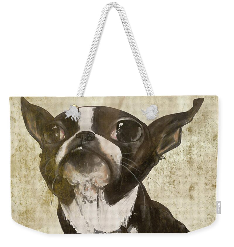 Boston Terrier Weekender Tote Bag featuring the drawing Boston Terrier - Antique by Canine Caricatures By John LaFree