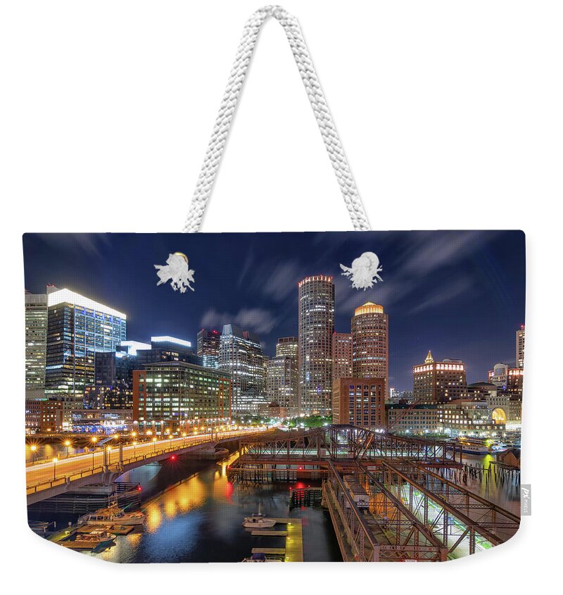 Boston Weekender Tote Bag featuring the photograph Boston's Skyline at Night by Kristen Wilkinson