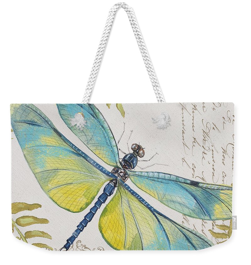 Jean Plout Weekender Tote Bag featuring the painting Botanical Dragonfly-JP3423B by Jean Plout