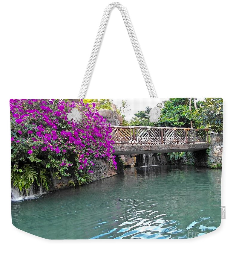 Hawaii Weekender Tote Bag featuring the photograph Bougainvillea On Wooden Bridge by Elisabeth Derichs