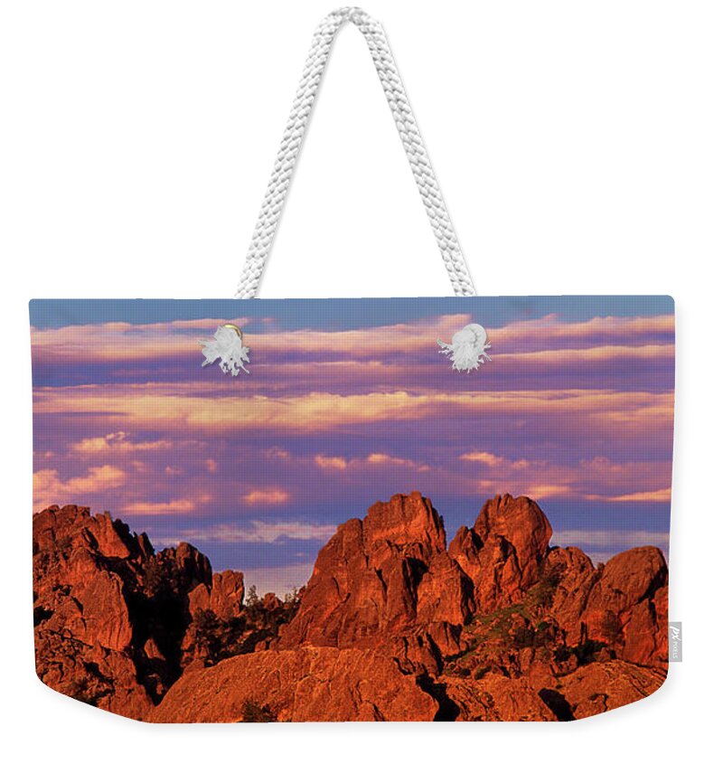 Dave Welling Weekender Tote Bag featuring the photograph Boulders Sunset Light Pinnacles National Park Californ by Dave Welling
