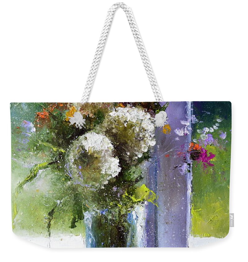 Russian Artists New Wave Weekender Tote Bag featuring the painting Bouquet at Window by Igor Medvedev