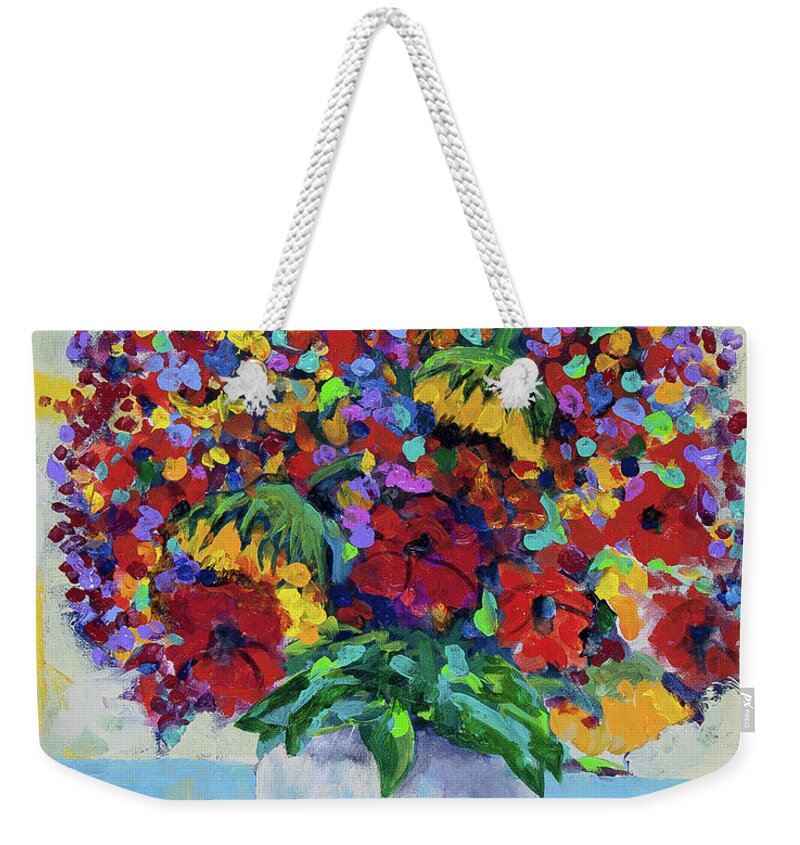Flower Weekender Tote Bag featuring the painting Bouquet with two sunflowers by Maxim Komissarchik
