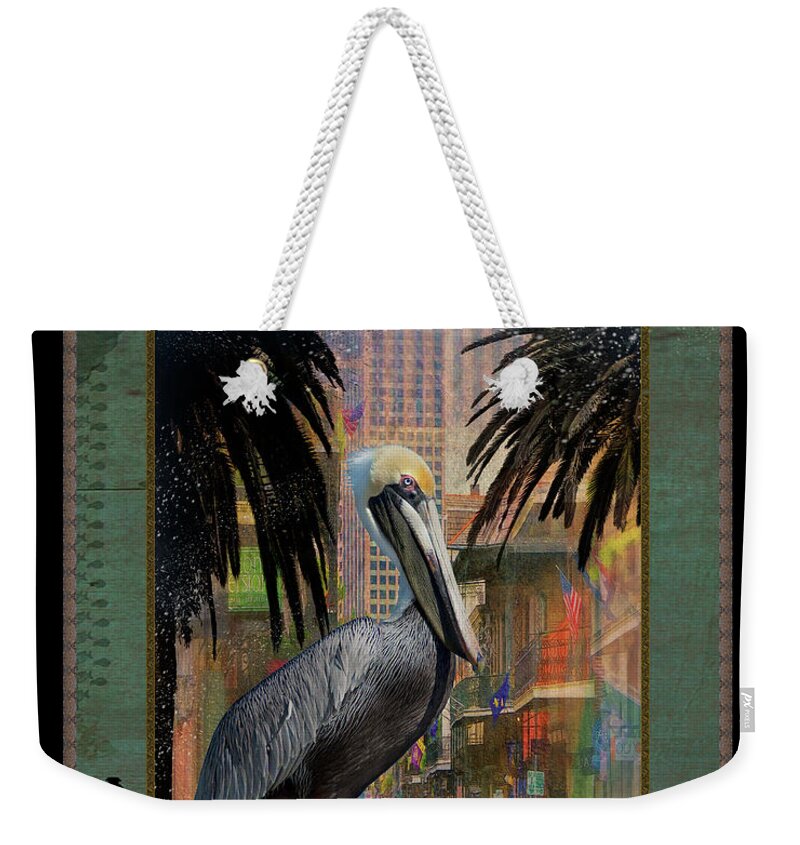 French Quarter Weekender Tote Bag featuring the photograph Bourbon Street Pelican by Sandra Schiffner