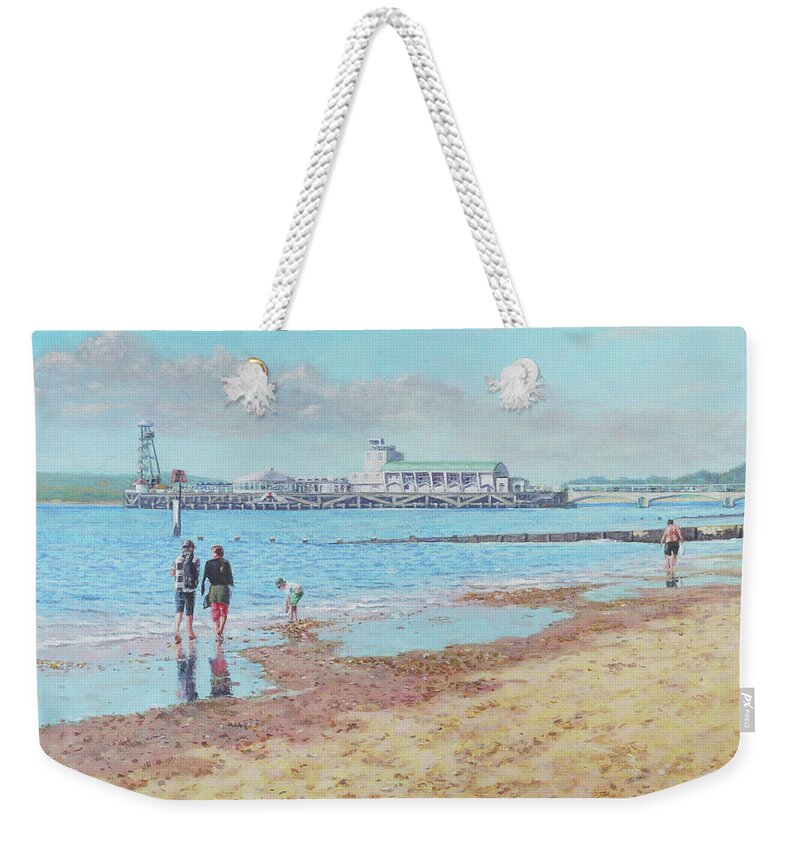 Beach Weekender Tote Bag featuring the painting Bournemouth Pier late summer morning by Martin Davey