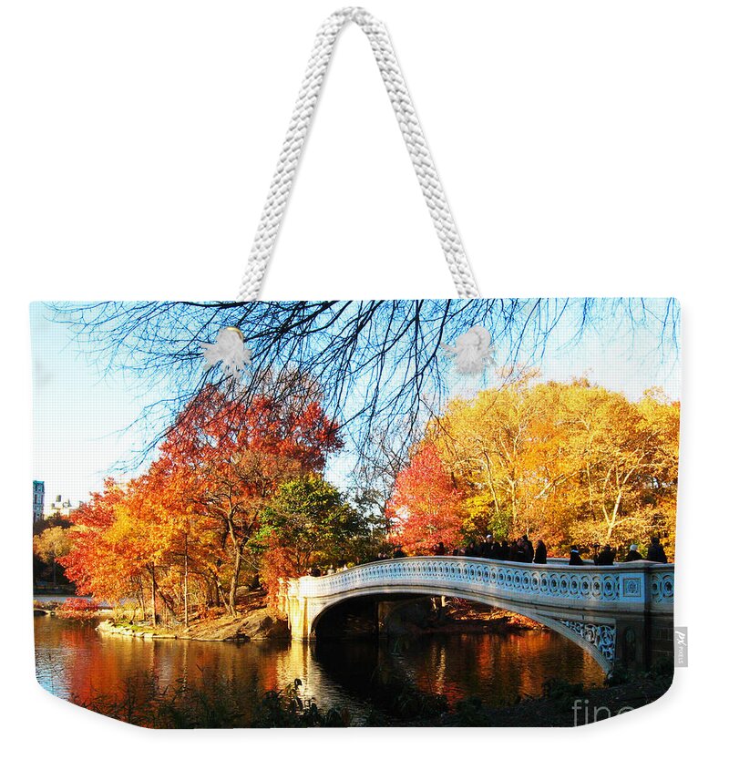 Lake Weekender Tote Bag featuring the photograph Bow Bridge In Central Park by Kendall Eutemey