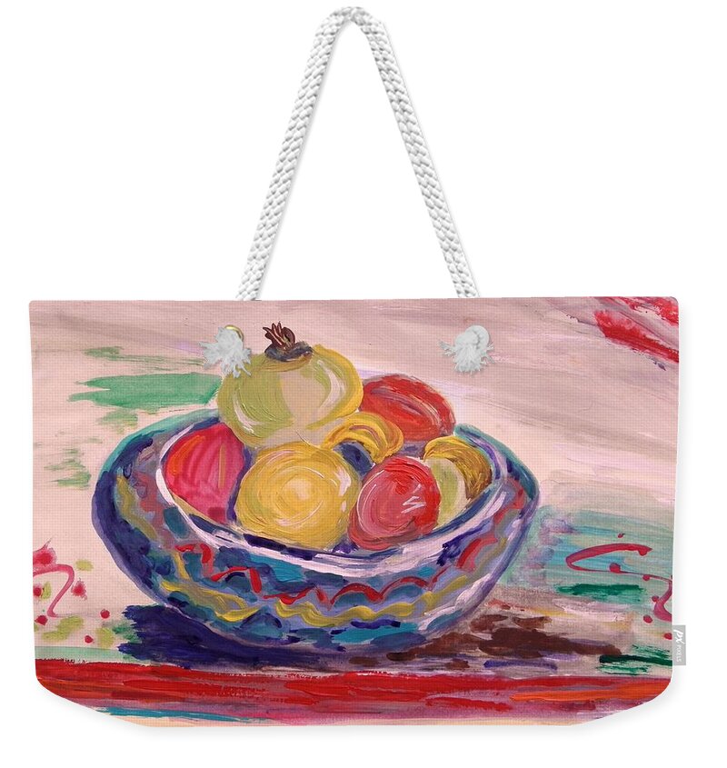 Fruit Weekender Tote Bag featuring the painting Bowl on a Red Edge by Mary Carol Williams