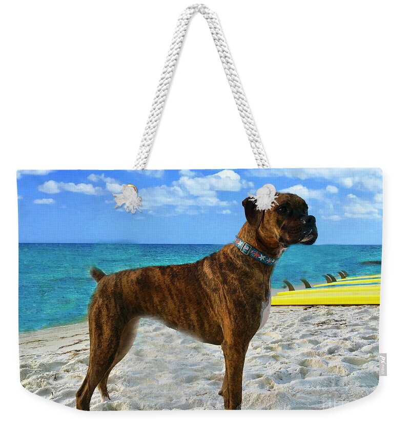 Boxer Weekender Tote Bag featuring the painting Boxer Dog Surfer Beach Bum And Friend by Saundra Myles