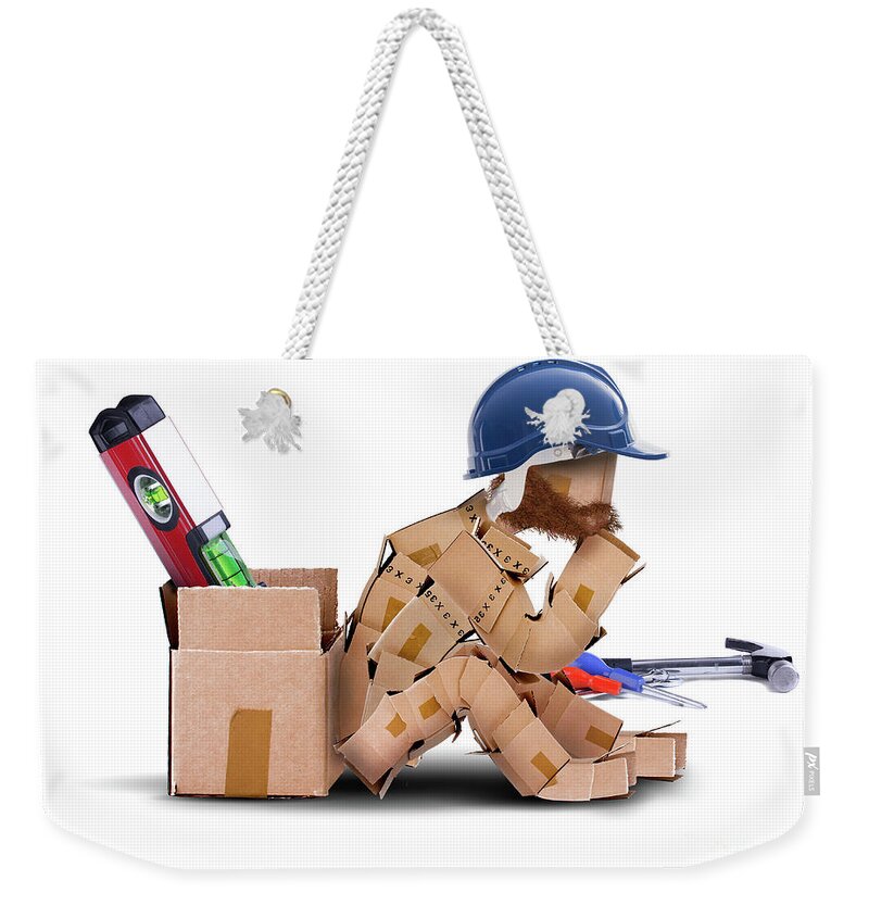 Labourer Weekender Tote Bag featuring the digital art Box handyman character sat thinking by Simon Bratt