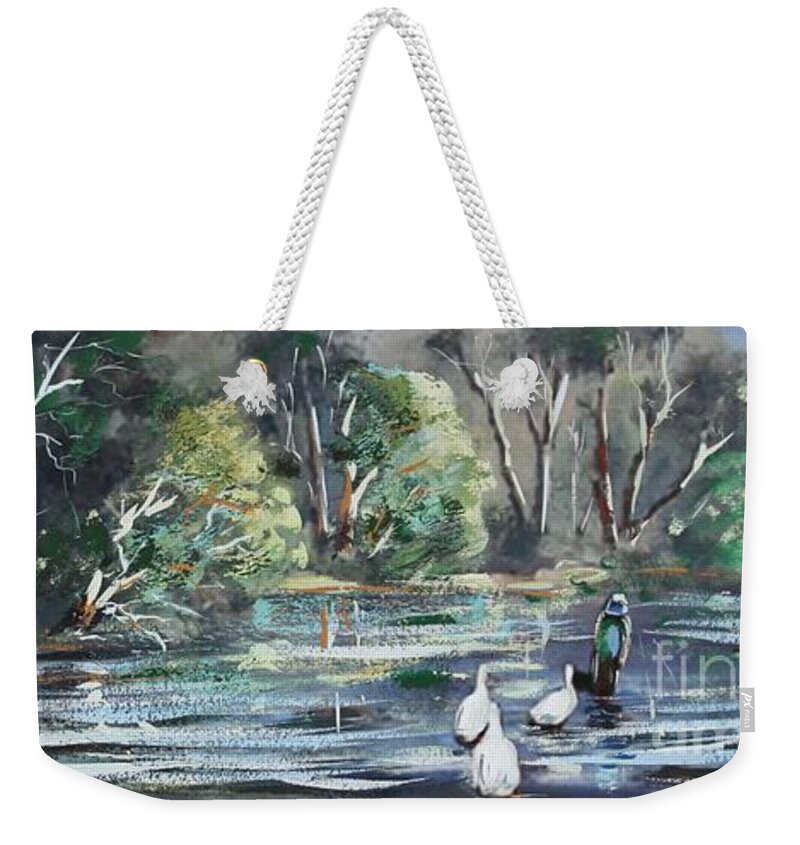 Boy Weekender Tote Bag featuring the painting Boy and geese at the creek. by Ryn Shell