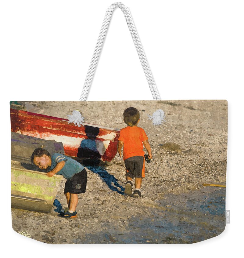 susan Molnar Weekender Tote Bag featuring the photograph Boys Boats and The Bay by Susan Molnar