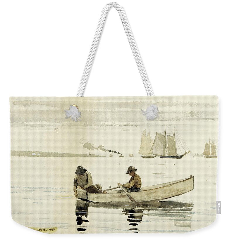 Winslow Homer Weekender Tote Bag featuring the drawing Boys Fishing by Winslow Homer