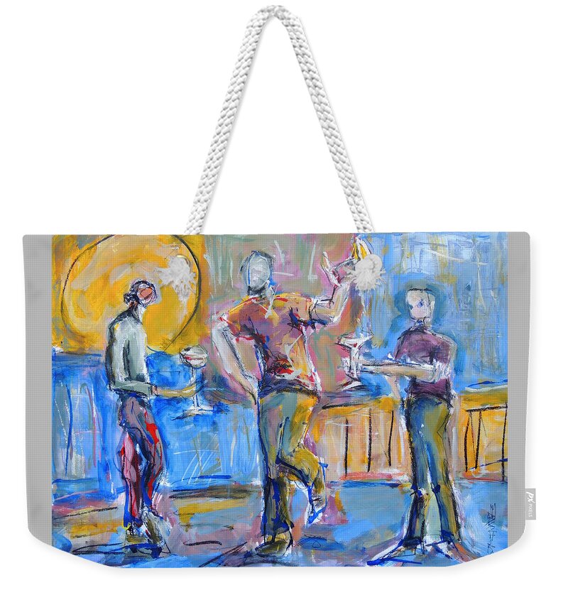 Schiros Weekender Tote Bag featuring the painting Boys Night Out by Mary Schiros