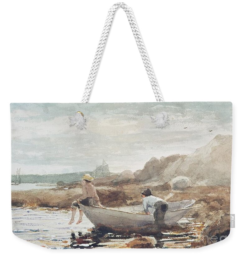 Boys On The Beach Weekender Tote Bag featuring the painting Boys on the Beach by Winslow Homer