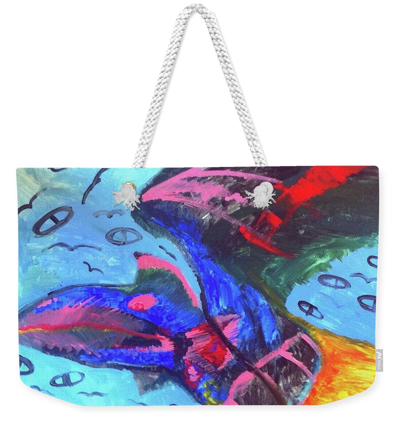 Birds Weekender Tote Bag featuring the painting Brainwashed Bird by Andrew Blitman