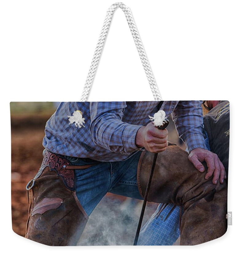 Texas Weekender Tote Bag featuring the photograph Branding at the 4B by Terri Cage