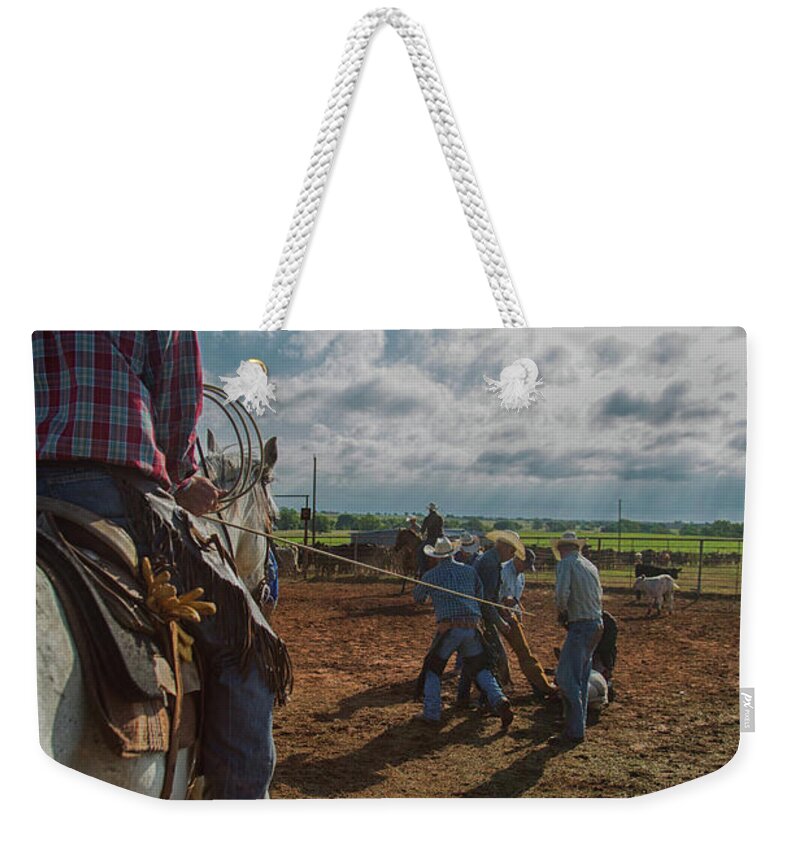 4b Ranch Weekender Tote Bag featuring the photograph Branding Teamwork by Terri Cage