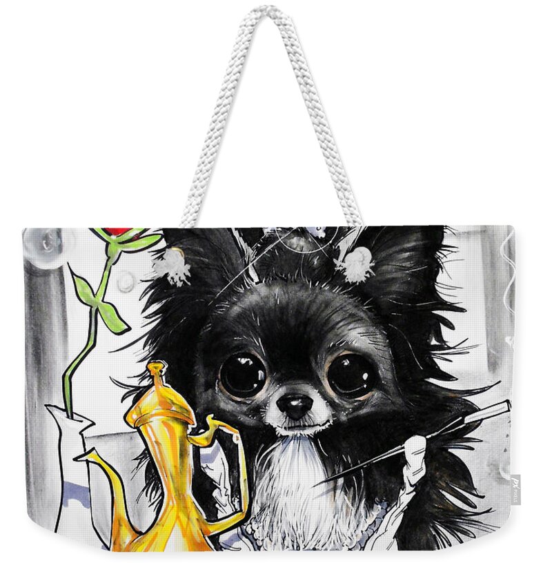 Dog Caricature Weekender Tote Bag featuring the drawing Breakfast At Tiffany's Papillon Caricature Art Print by John LaFree