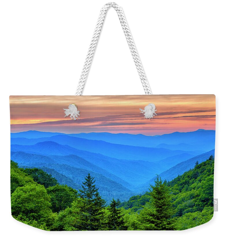 Sunrise Weekender Tote Bag featuring the photograph Breaking Dawn at Oconaluftee River Valley by Stephen Stookey