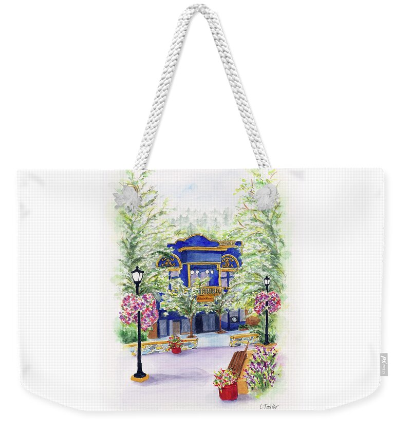 Small Town Weekender Tote Bag featuring the painting Brickroom on the Plaza by Lori Taylor