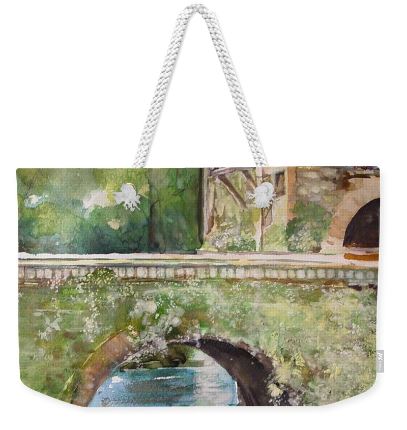 Rock Building Weekender Tote Bag featuring the painting Bridge in Spain by Robin Miller-Bookhout