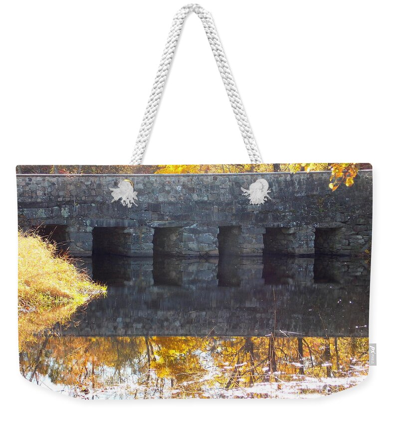 Oliver Mill Park Weekender Tote Bag featuring the photograph Bridges Reflection by Catherine Gagne