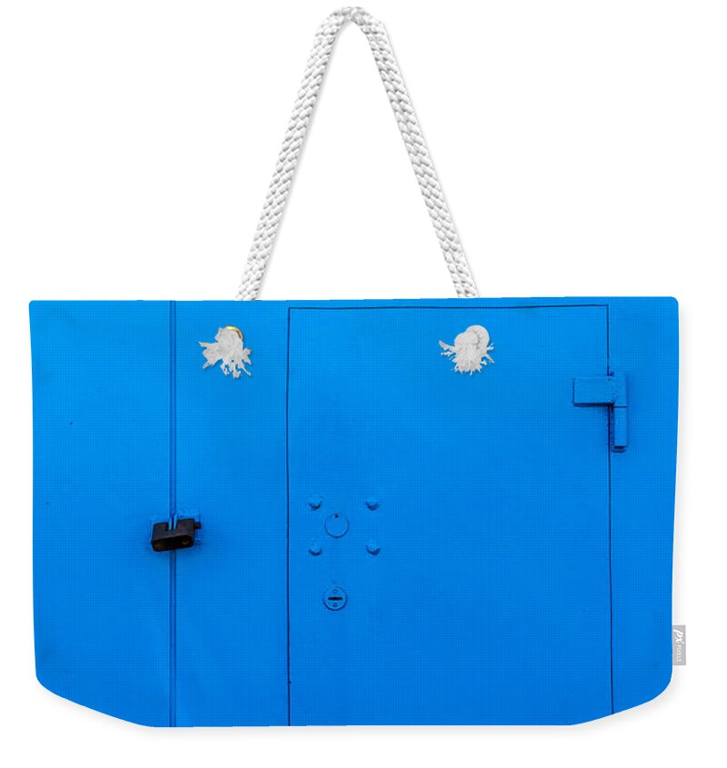 Bar Weekender Tote Bag featuring the photograph Bright Blue Locked Door and Padlock by John Williams