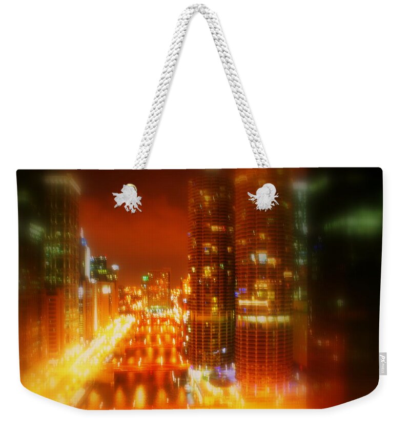 Cityscape Weekender Tote Bag featuring the photograph Bright Lights of Uptown by Julie Lueders 