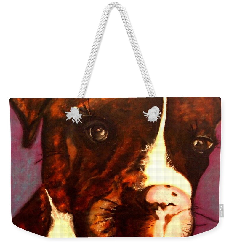 Dogs Art Weekender Tote Bag featuring the painting Brindle Boxer Puppy- Porter by Laura Grisham