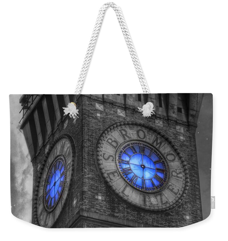 Bromo Seltzer Tower Clock Face Weekender Tote Bag featuring the photograph Bromo Seltzer Tower Baltimore - Blue by Marianna Mills