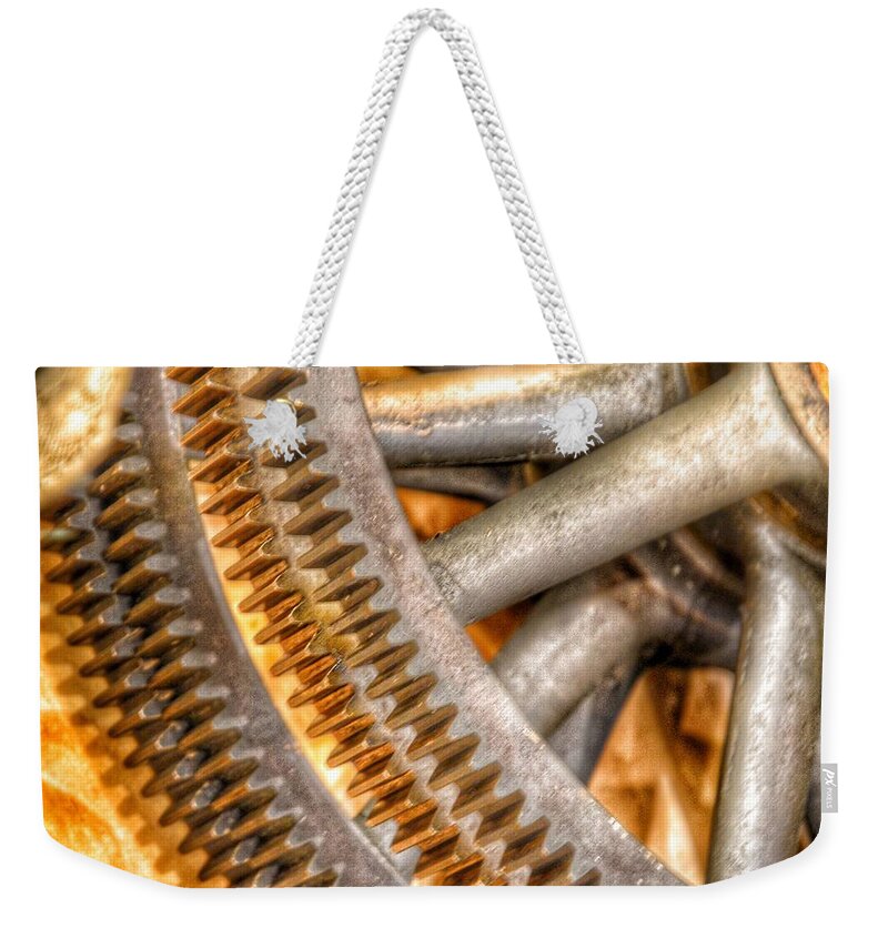 Abstract Weekender Tote Bag featuring the photograph Bromo Seltzer Tower's 1911 Seth Thomas Clock Mechanism Abstract #10 by Marianna Mills