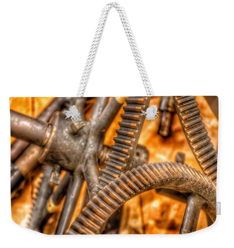 Abstract Weekender Tote Bag featuring the photograph Bromo Seltzer Tower's 1911 Seth Thomas Clock Mechanism Abstract #6 by Marianna Mills