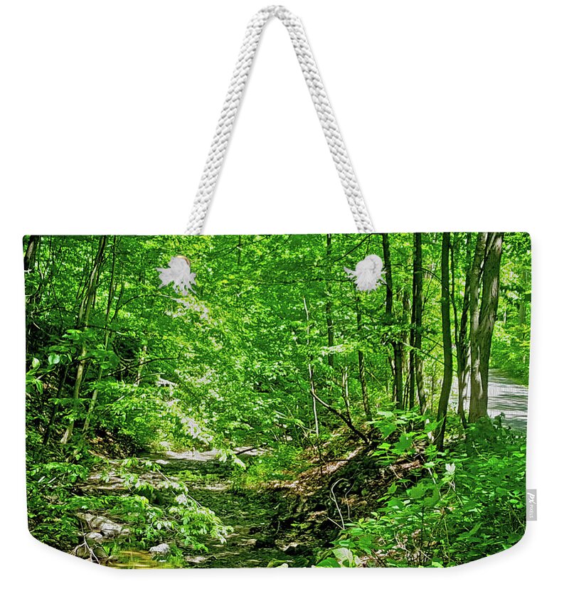 Brook Weekender Tote Bag featuring the pyrography Brook in the Trees by Joe Roache