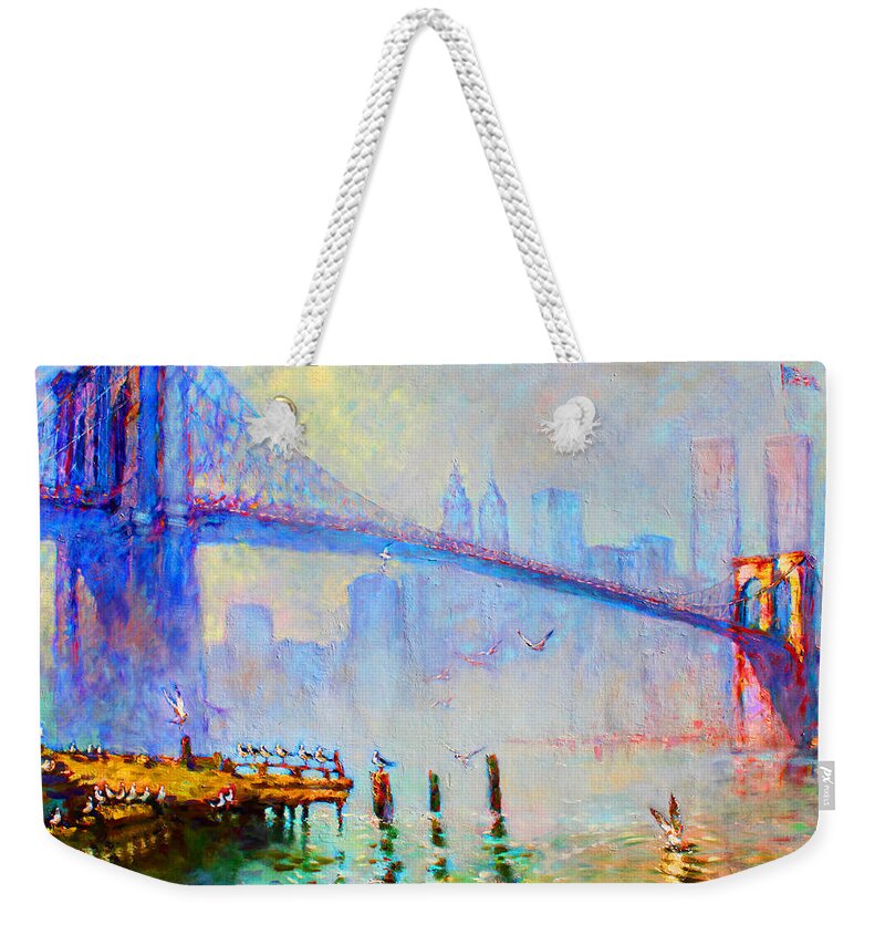 Brooklyn Bridge Weekender Tote Bag featuring the painting Brooklyn Bridge in a Foggy Morning by Ylli Haruni