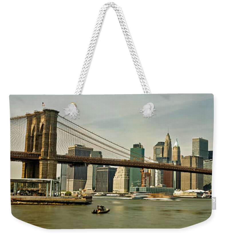 Brooklyn Bridge Weekender Tote Bag featuring the photograph Brooklyn Bridge Panorama by Doolittle Photography and Art