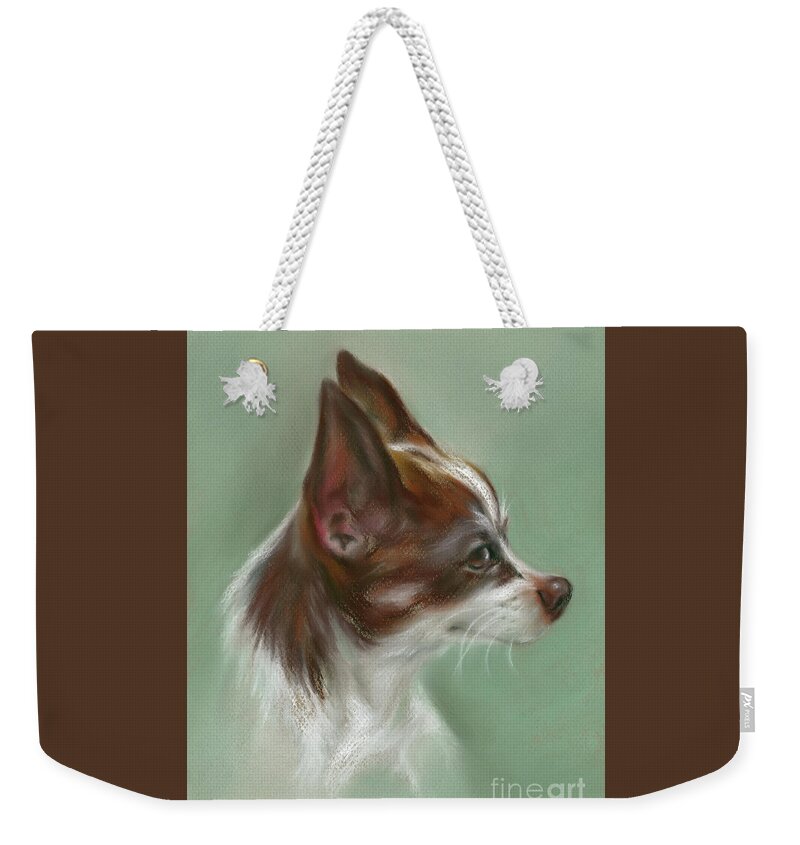 Dog Weekender Tote Bag featuring the painting Brown and White Chihuahua by MM Anderson