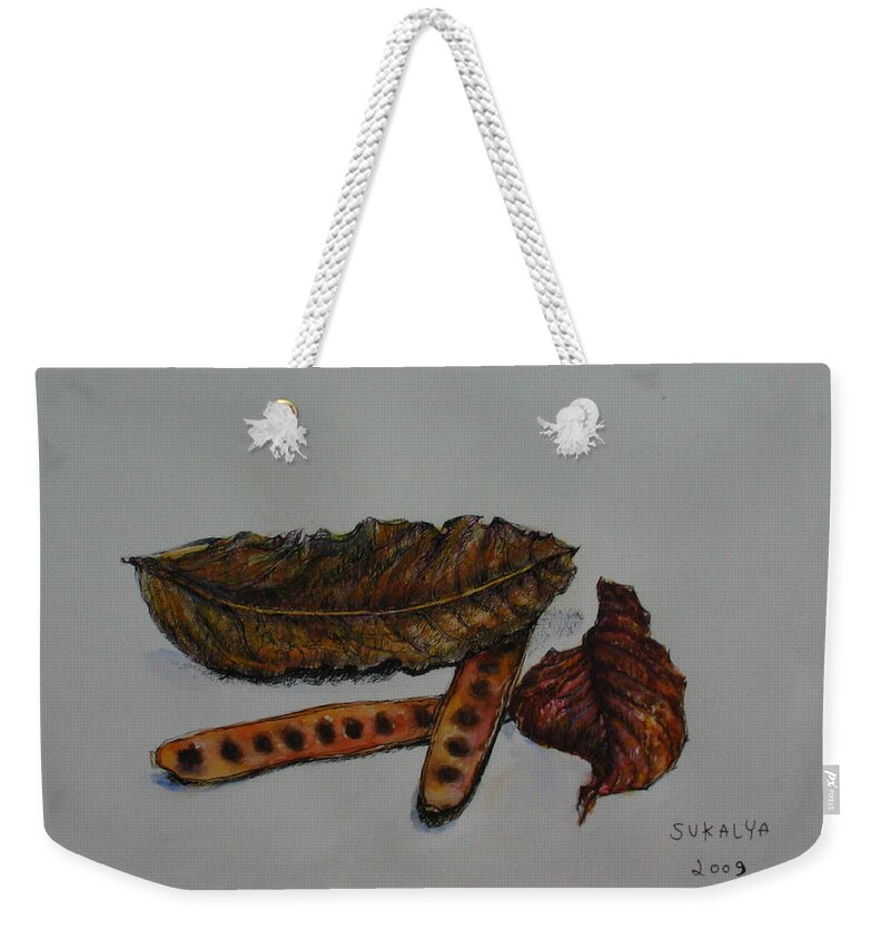 Brown Weekender Tote Bag featuring the painting Brown of Leafs and Seeds by Sukalya Chearanantana