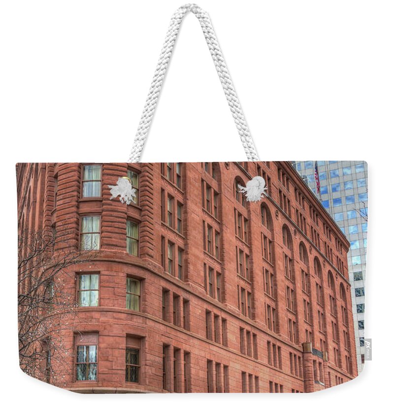 Cityscape Weekender Tote Bag featuring the photograph Brown Palace Hotel by Lorraine Baum