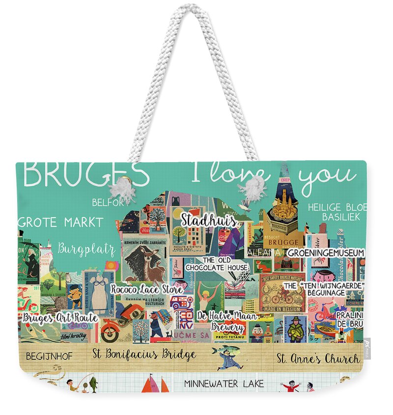 Bruges I Love You Weekender Tote Bag featuring the mixed media Bruges I love you by Claudia Schoen