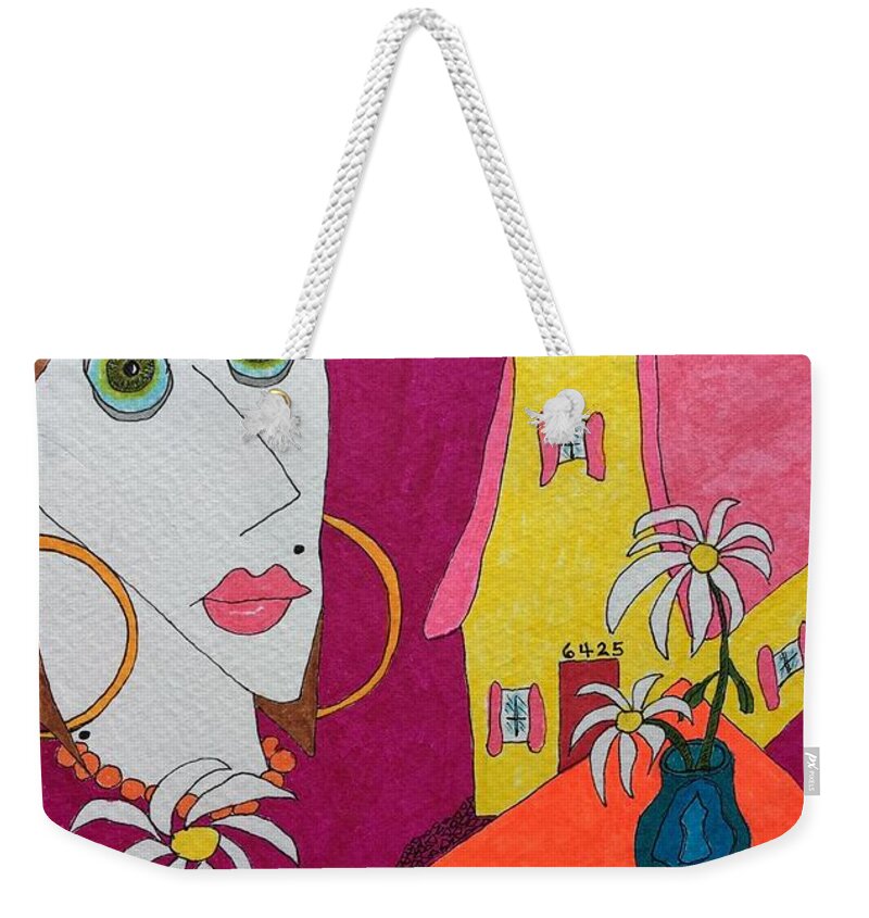  Weekender Tote Bag featuring the painting Brunette with Gold Hoops by Lew Hagood